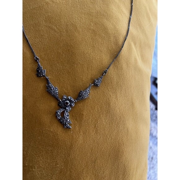 Sterling Silver Marcasite Garnet Flower Dangle Pendant Necklace 18.5” 9 Gram 925 - Picture 2 of 9